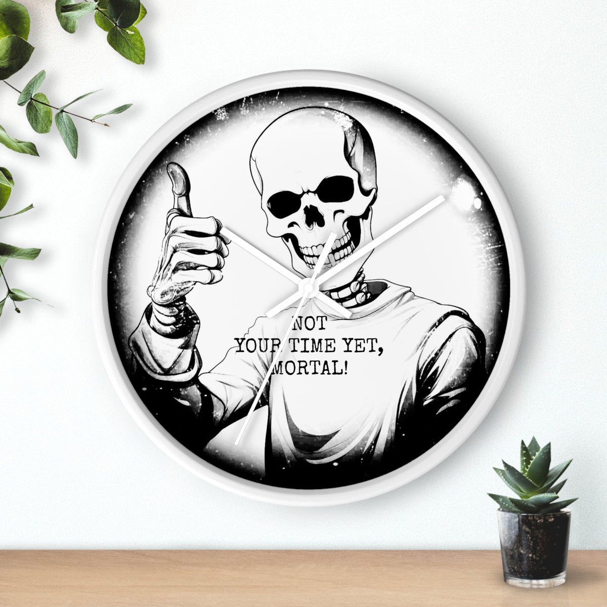 Halloween Gothic Skeleton Wall Clock – "Not Your Time Yet, Mortal"