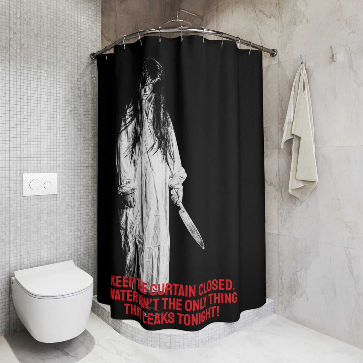 Horror Shower Curtain – Creepy Ghost with Knife & "Keep The Curtain Closed" Halloween Bath Decor