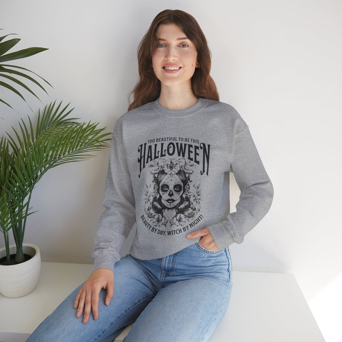 Halloween Crewneck Sweatshirt, "Too Beautiful To Be This Halloween" Day/Night Witch Graphic