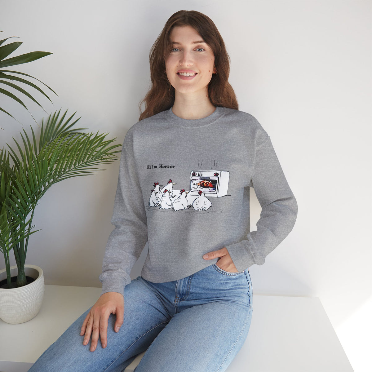 Crewneck Sweatshirt — 'Film Horror' Chickens Watching TV Illustration