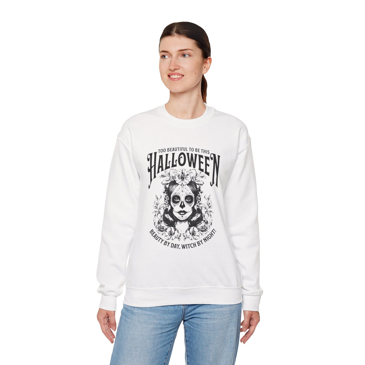Halloween Crewneck Sweatshirt, "Too Beautiful To Be This Halloween" Day/Night Witch Graphic