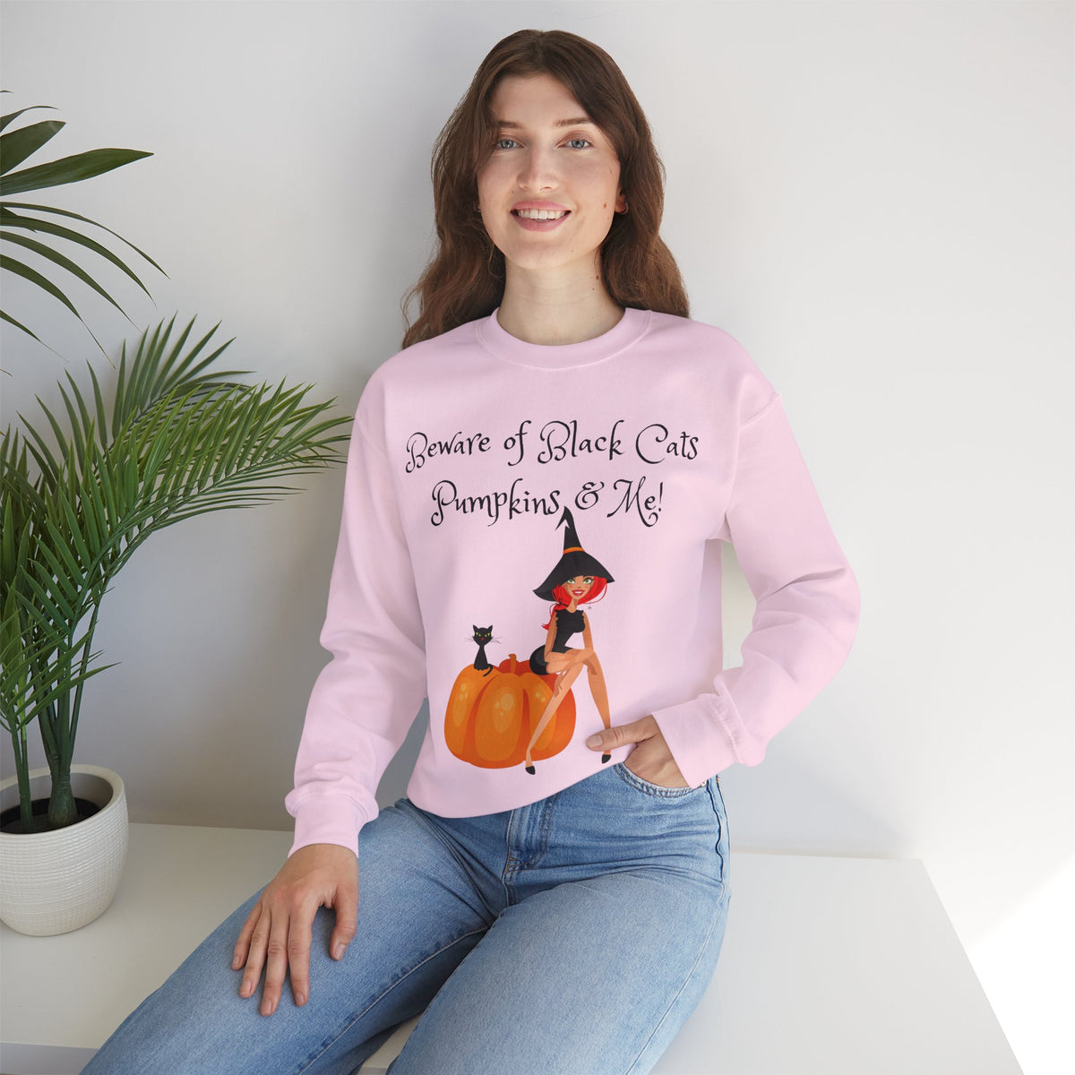 Witch & Pumpkin Sweatshirt - "Beware of Black Cats, Pumpkins & Me!" Halloween CrewneckSweatshirts