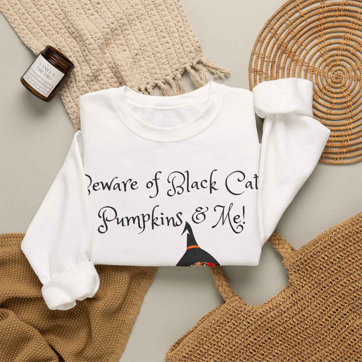 Witch & Pumpkin Sweatshirt - "Beware of Black Cats, Pumpkins & Me!" Halloween CrewneckSweatshirts