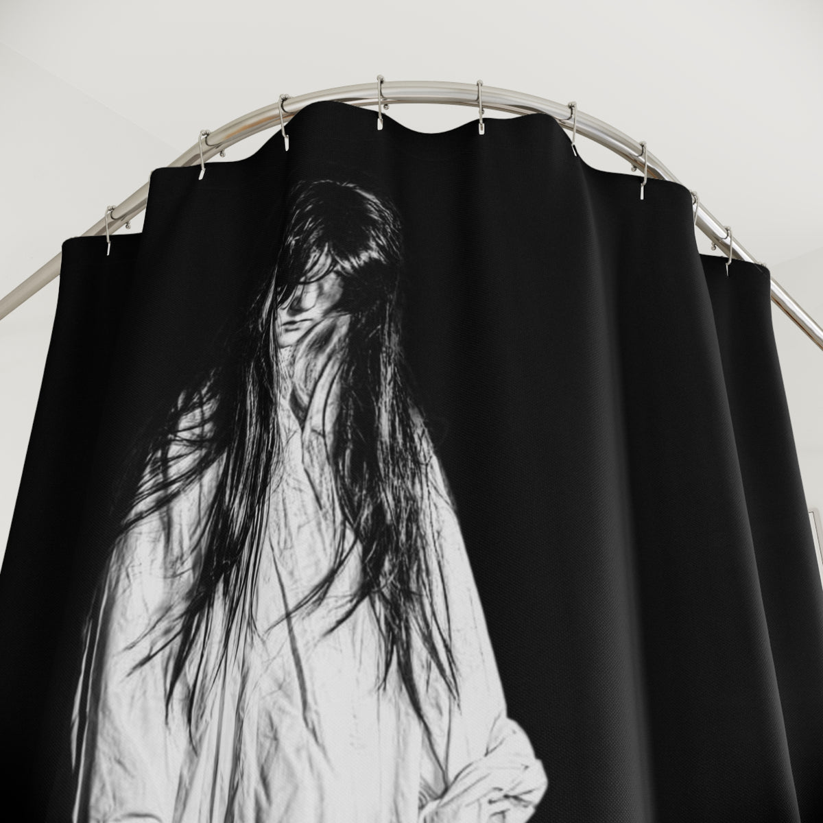 Horror Shower Curtain – Creepy Ghost with Knife & "Keep The Curtain Closed" Halloween Bath Decor