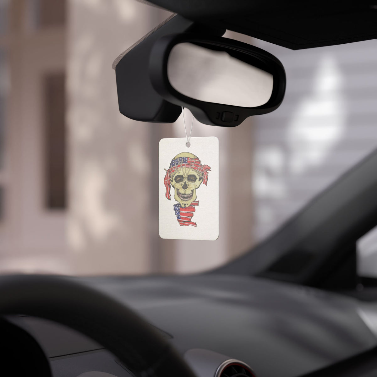 Spooky Patriotic Skull Car Air Freshener — American Flag Bandana HalloweenDesign