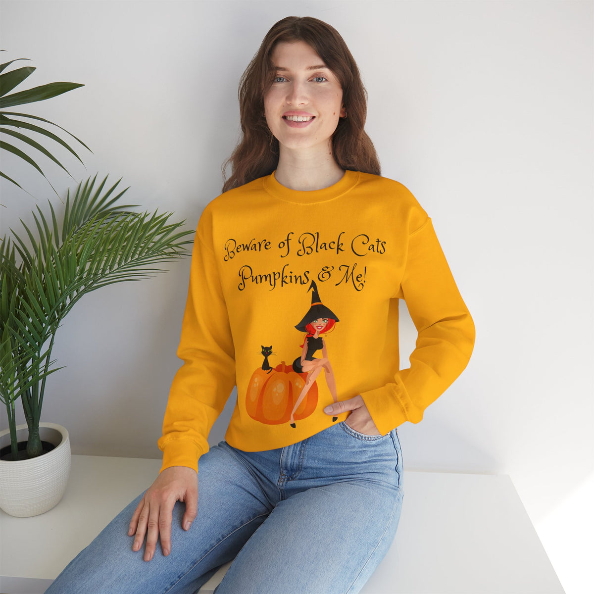 Witch & Pumpkin Sweatshirt - "Beware of Black Cats, Pumpkins & Me!" Halloween CrewneckSweatshirts