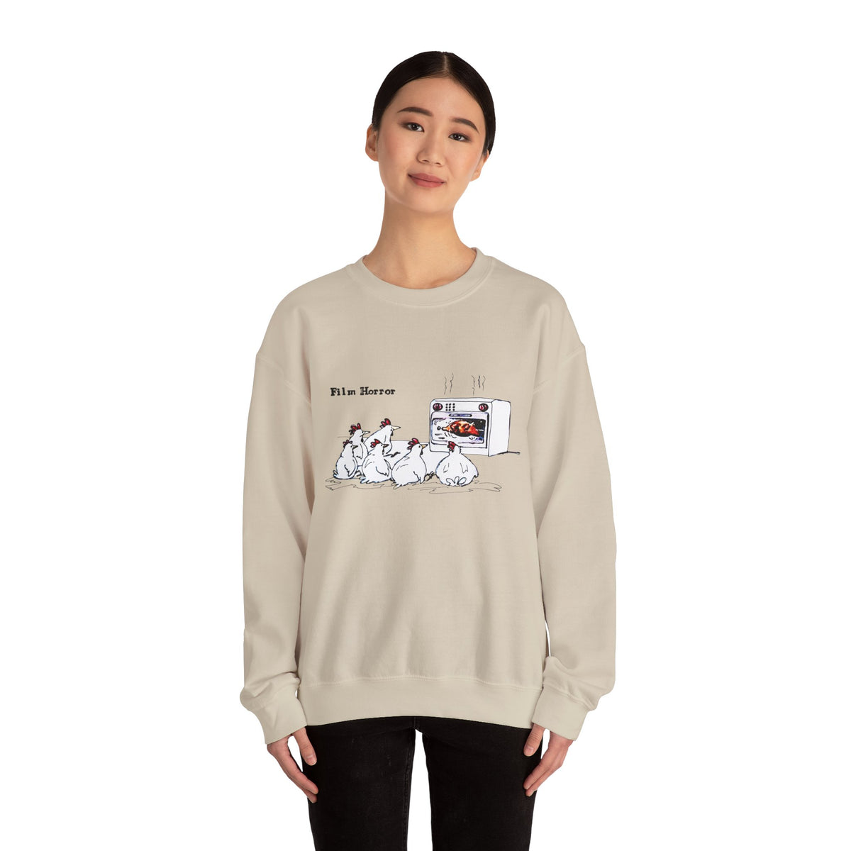 Crewneck Sweatshirt — 'Film Horror' Chickens Watching TV Illustration