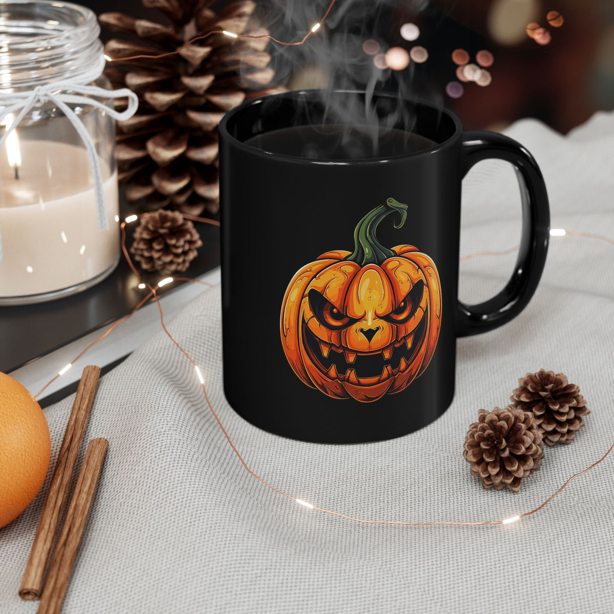 Halloween Jack-O'-Lantern Black Mug - Spooky Pumpkin Coffee Cup (11oz, 15oz)