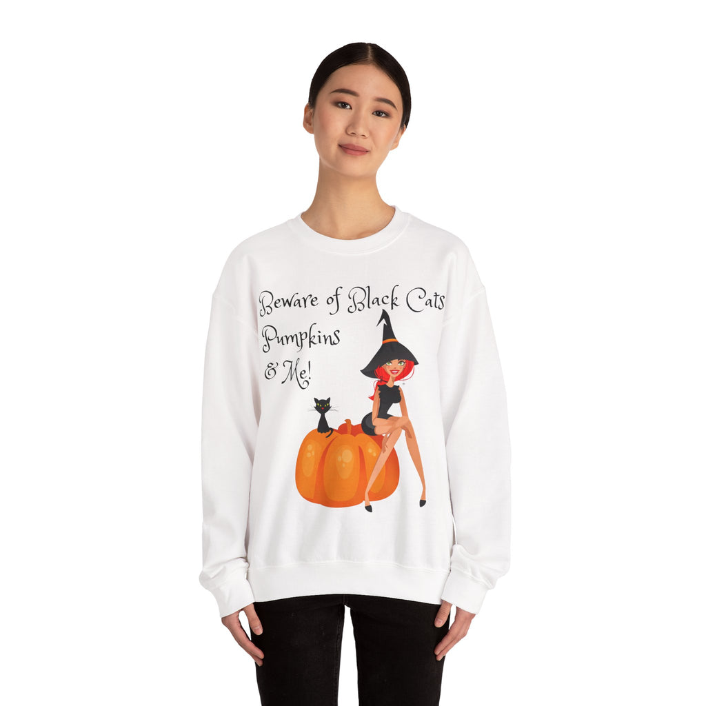 Witch & Pumpkin Sweatshirt - "Beware of Black Cats, Pumpkins & Me!" Halloween CrewneckSweatshirts