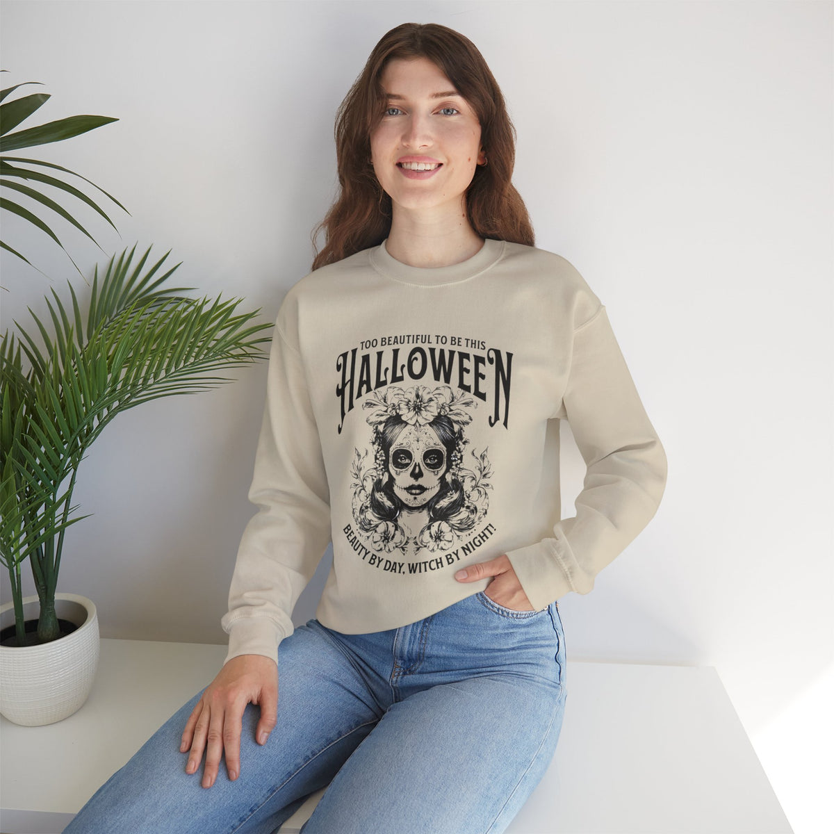 Halloween Crewneck Sweatshirt, "Too Beautiful To Be This Halloween" Day/Night Witch Graphic