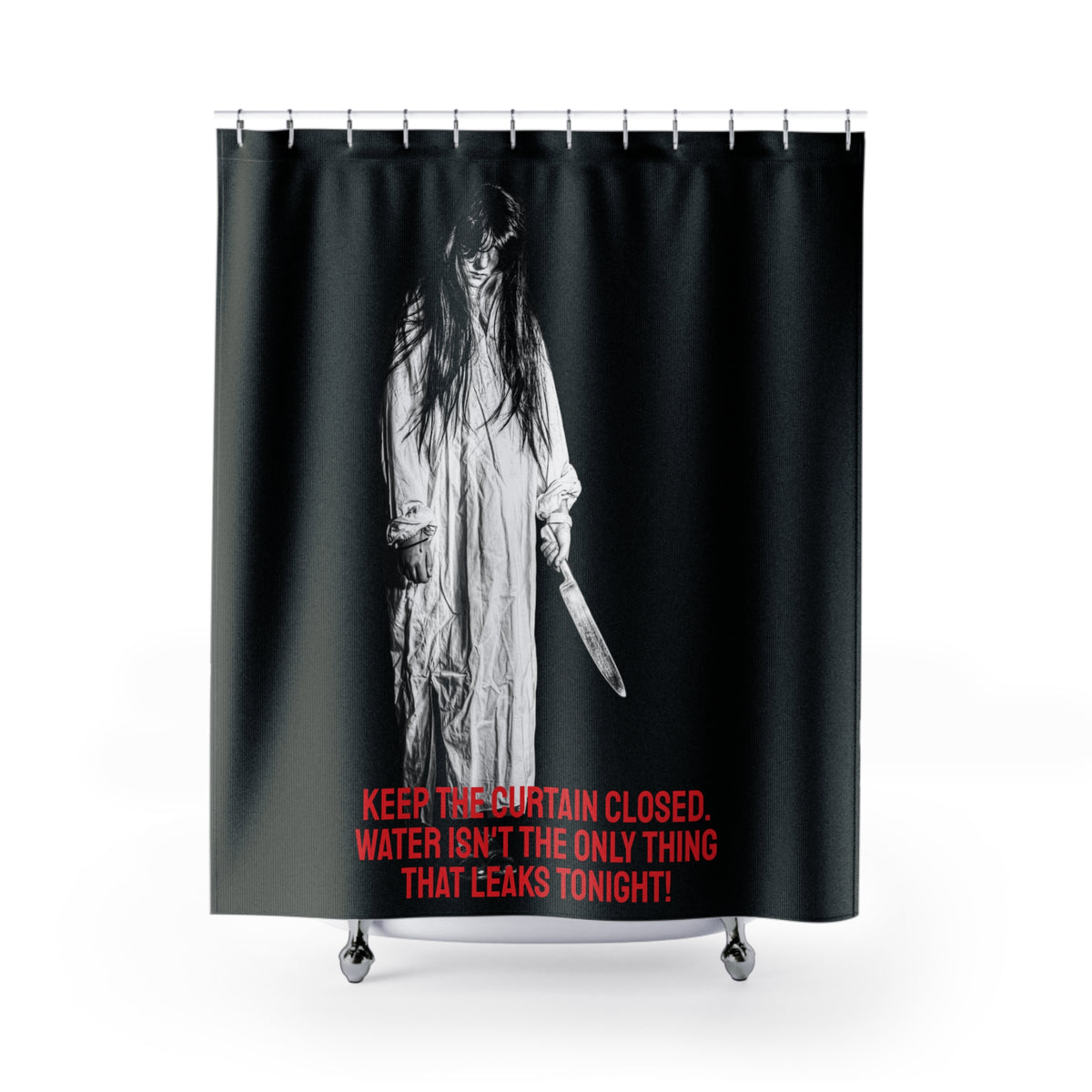 Horror Shower Curtain – Creepy Ghost with Knife & "Keep The Curtain Closed" Halloween Bath Decor