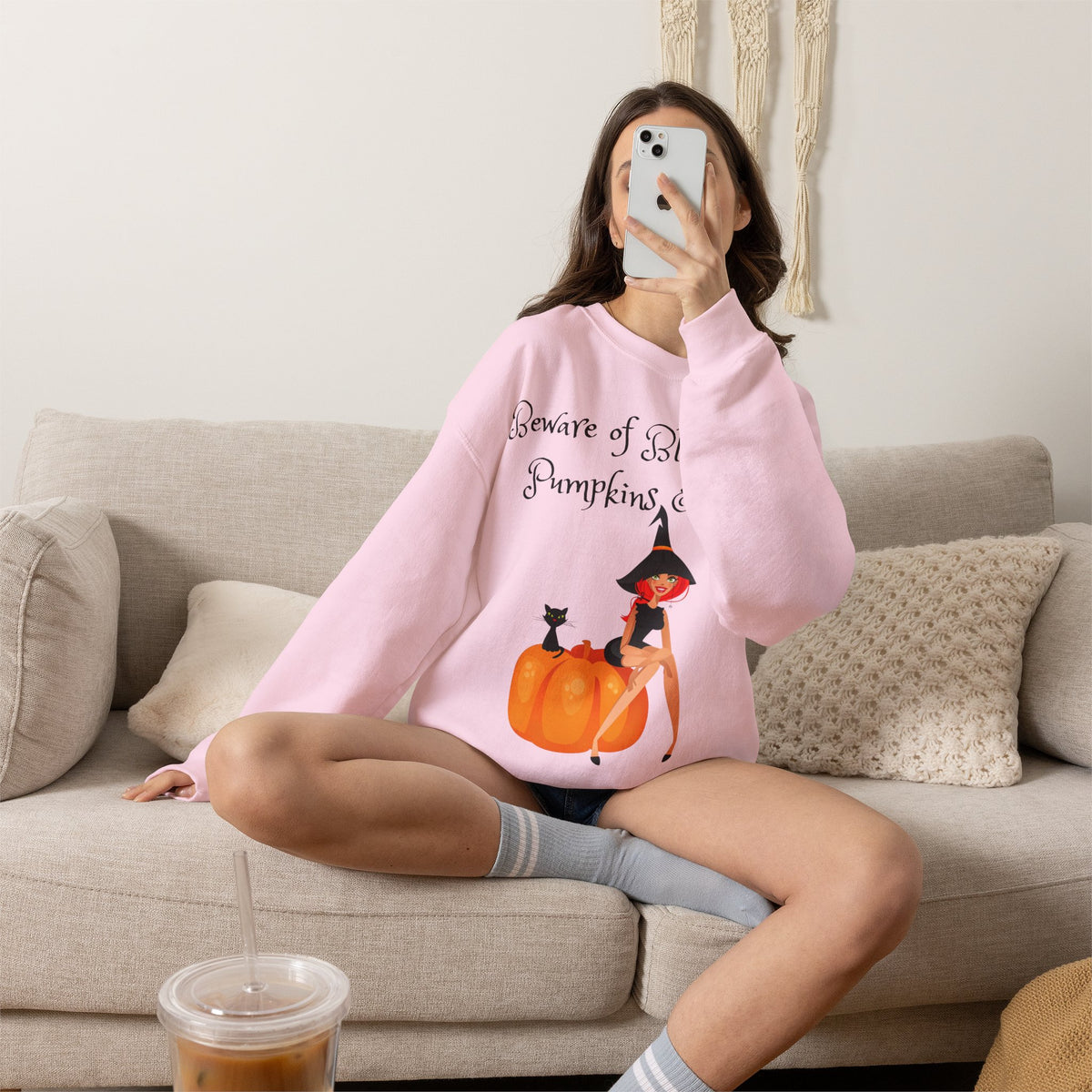 Witch & Pumpkin Sweatshirt - "Beware of Black Cats, Pumpkins & Me!" Halloween CrewneckSweatshirts