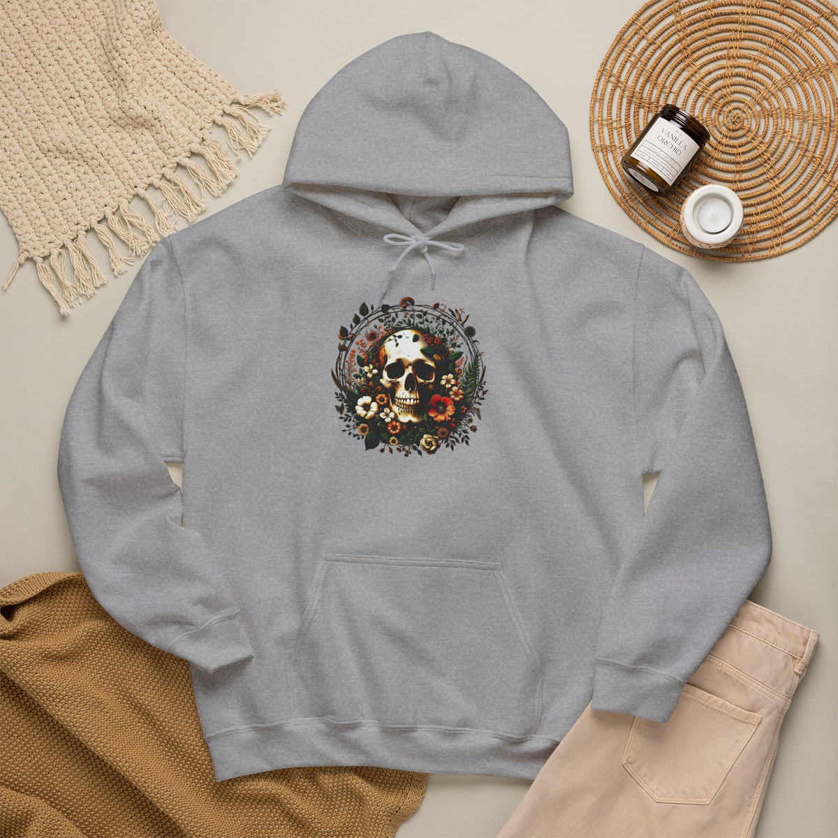 Skull & Flowers Hoodie — "C'est la Mort" Vintage Gothic Pullover