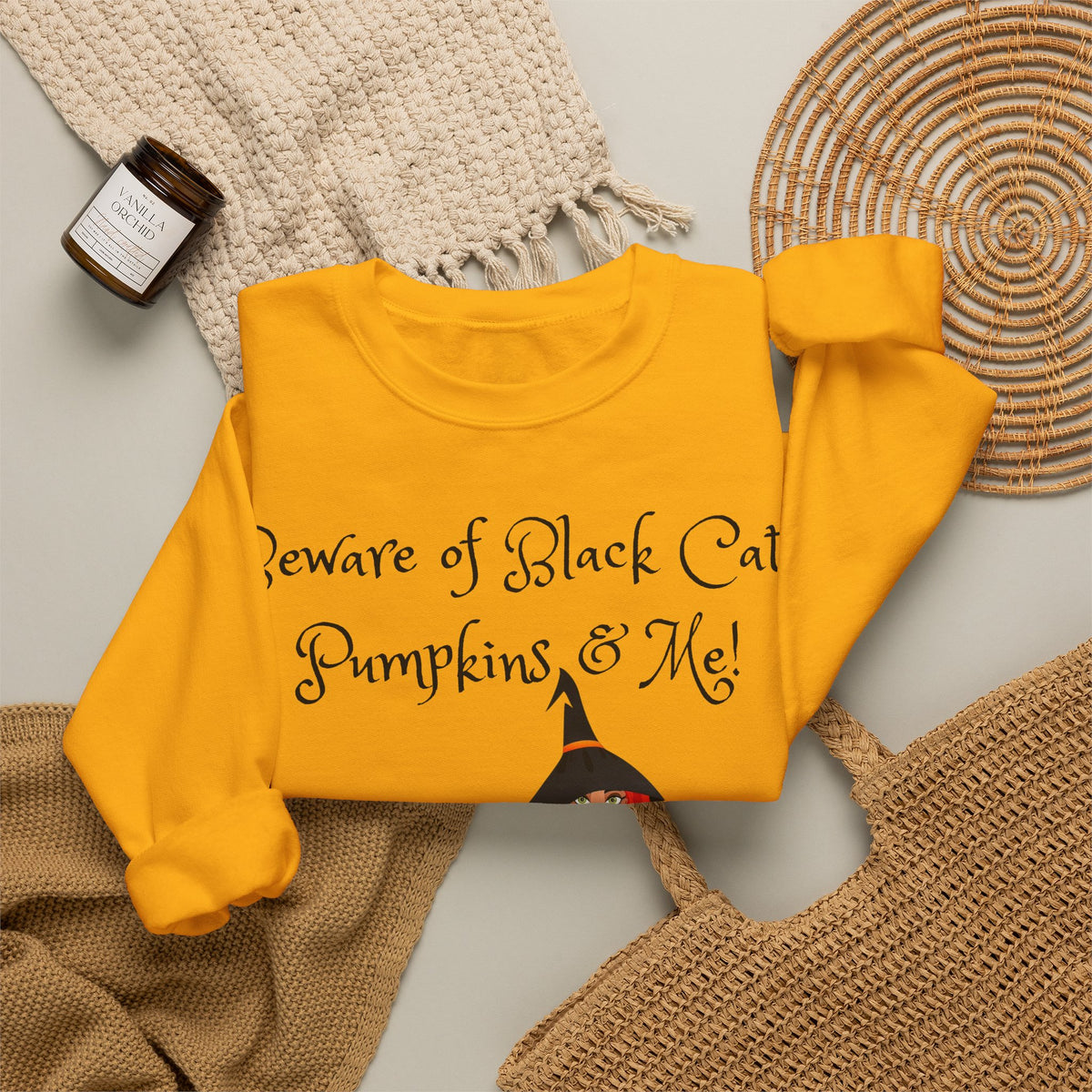 Witch & Pumpkin Sweatshirt - "Beware of Black Cats, Pumpkins & Me!" Halloween CrewneckSweatshirts