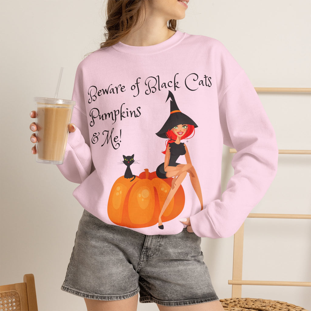 Witch & Pumpkin Sweatshirt - "Beware of Black Cats, Pumpkins & Me!" Halloween CrewneckSweatshirts