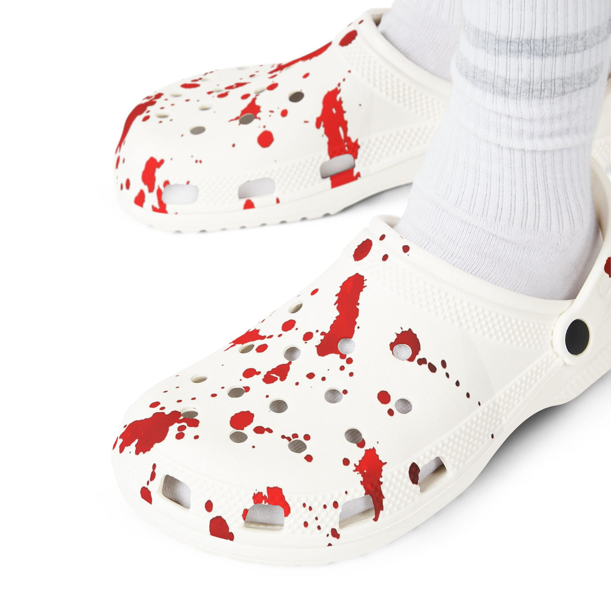 Blood Splatter Clogs — White EVA Foam Slip-On Shoes
