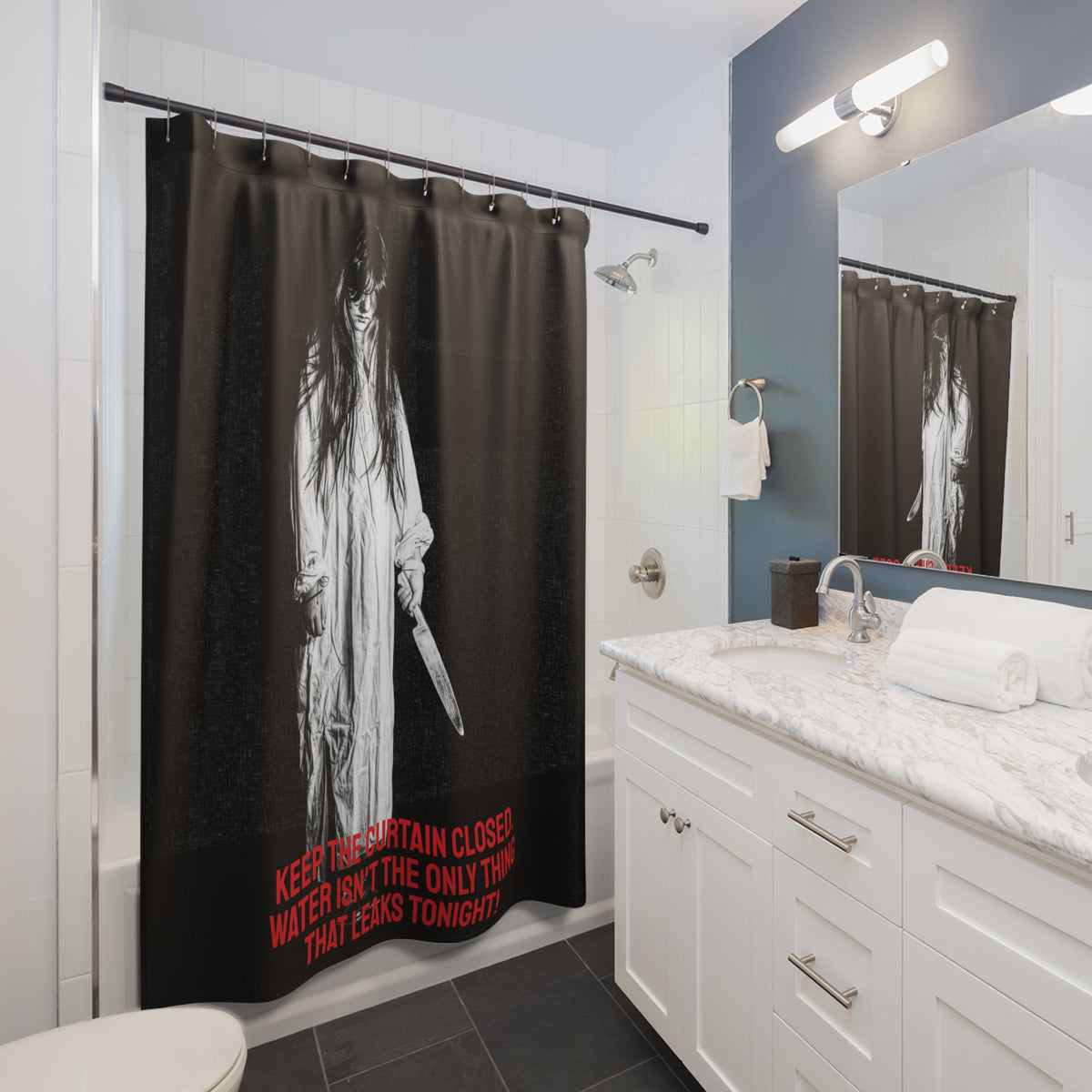 Horror Shower Curtain – Creepy Ghost with Knife & "Keep The Curtain Closed" Halloween Bath Decor