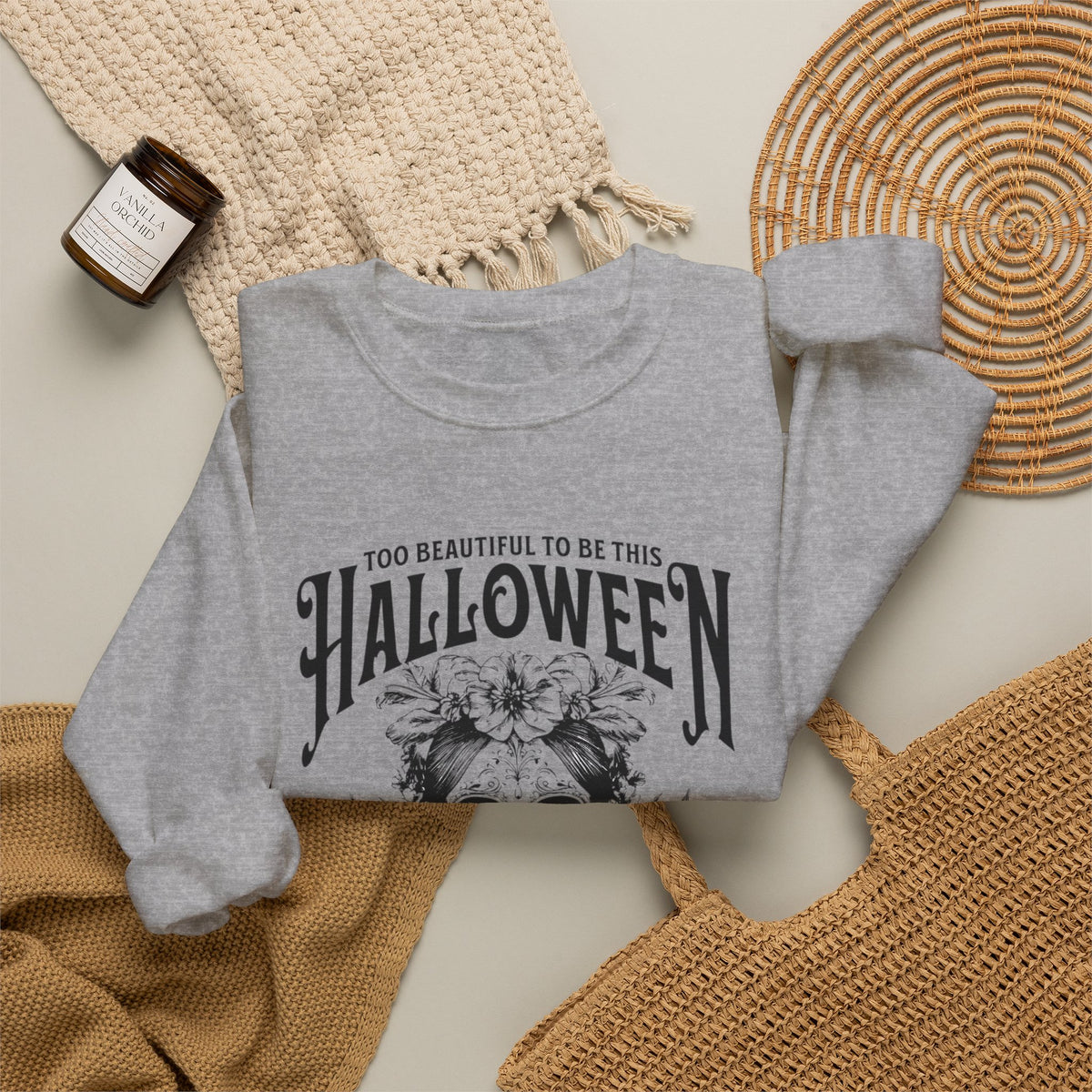 Halloween Crewneck Sweatshirt, "Too Beautiful To Be This Halloween" Day/Night Witch Graphic
