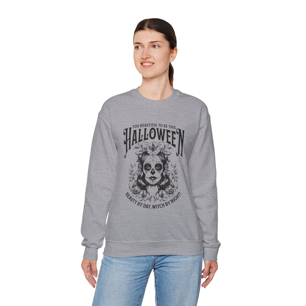 Halloween Crewneck Sweatshirt, "Too Beautiful To Be This Halloween" Day/Night Witch Graphic