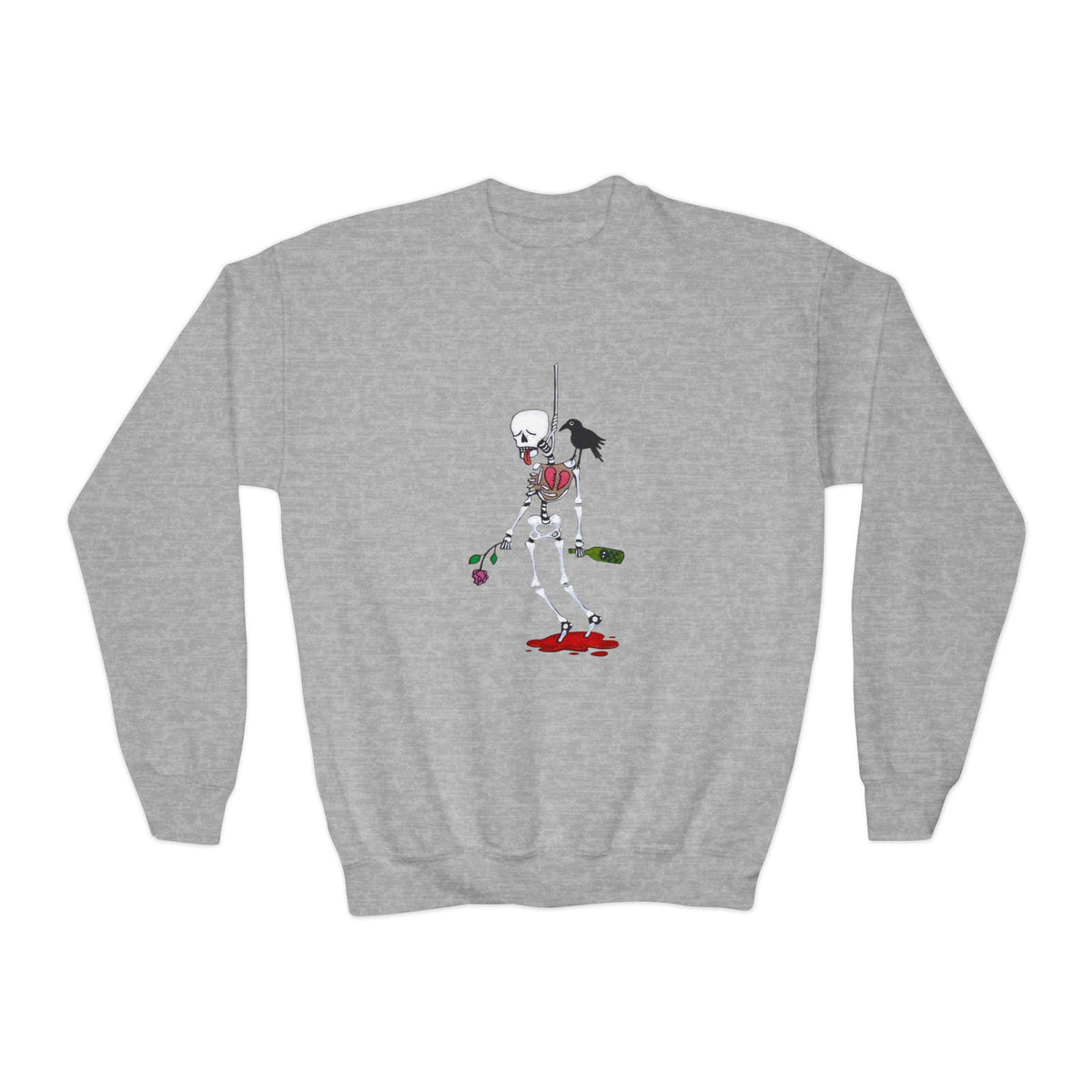 Youth Crewneck Sweatshirt - Gothic Rose Skeleton Graphic