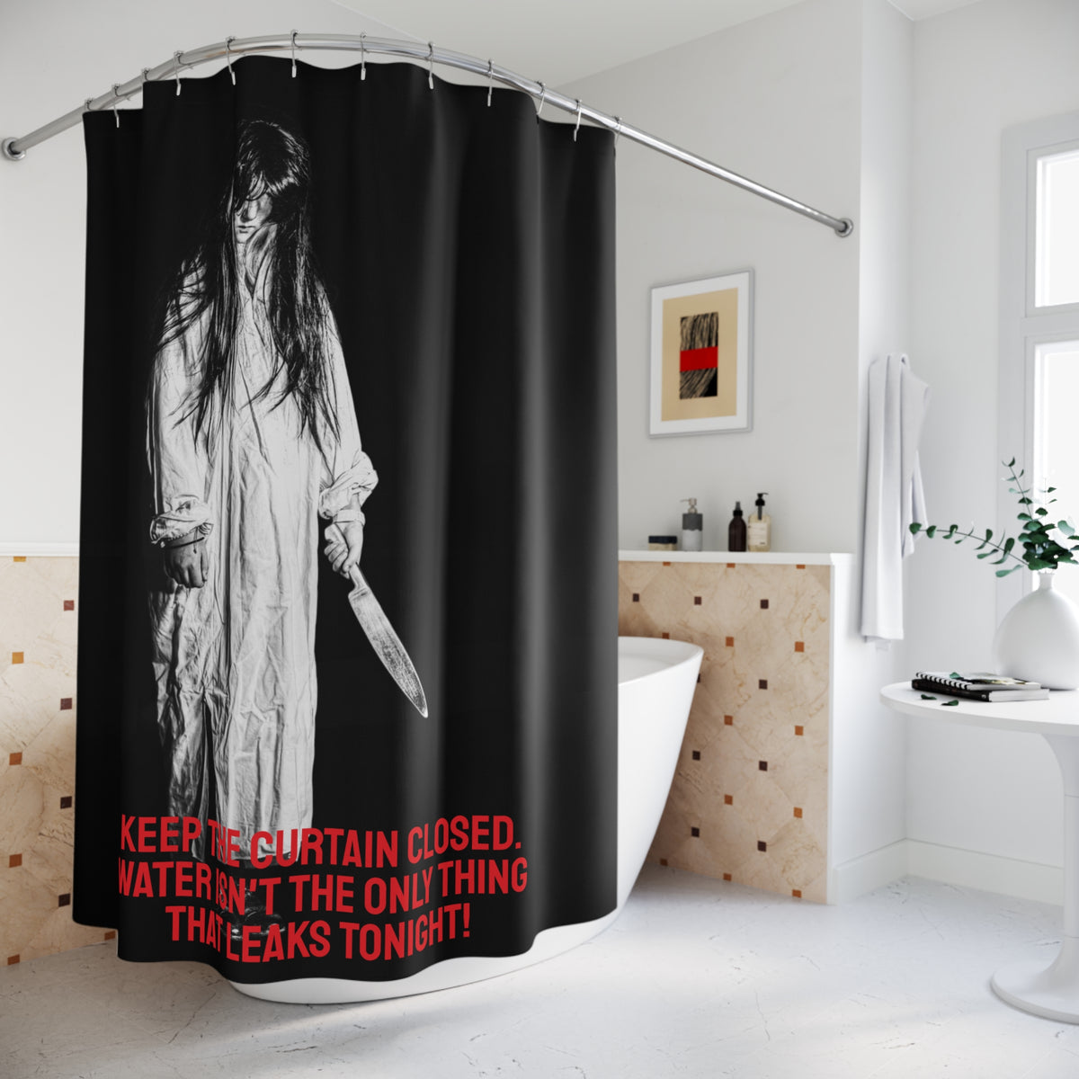 Horror Shower Curtain – Creepy Ghost with Knife & "Keep The Curtain Closed" Halloween Bath Decor