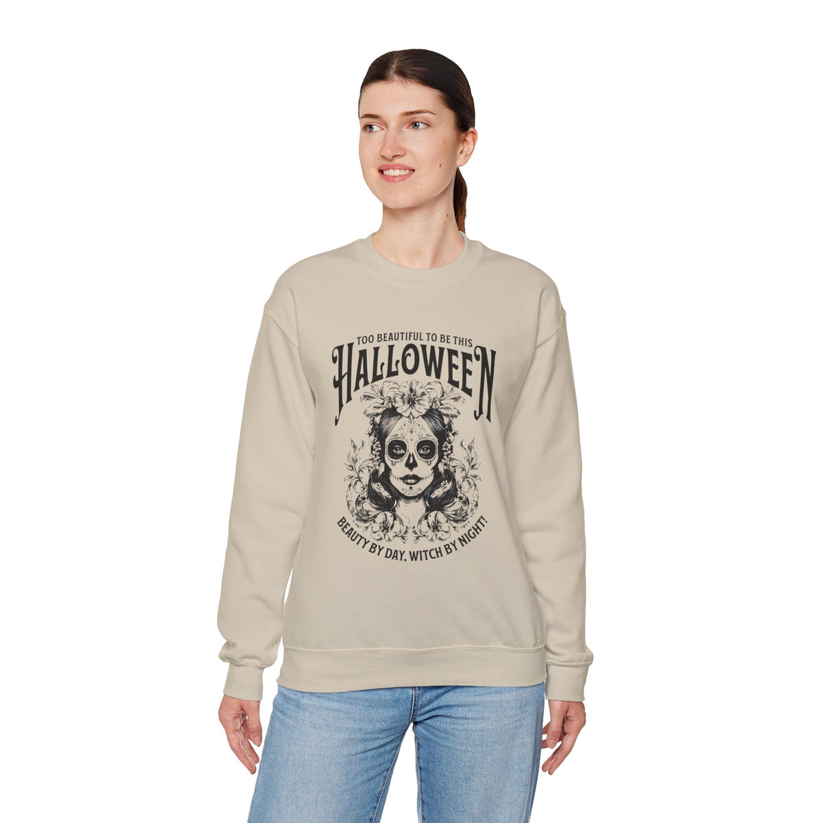 Halloween Crewneck Sweatshirt, "Too Beautiful To Be This Halloween" Day/Night Witch Graphic
