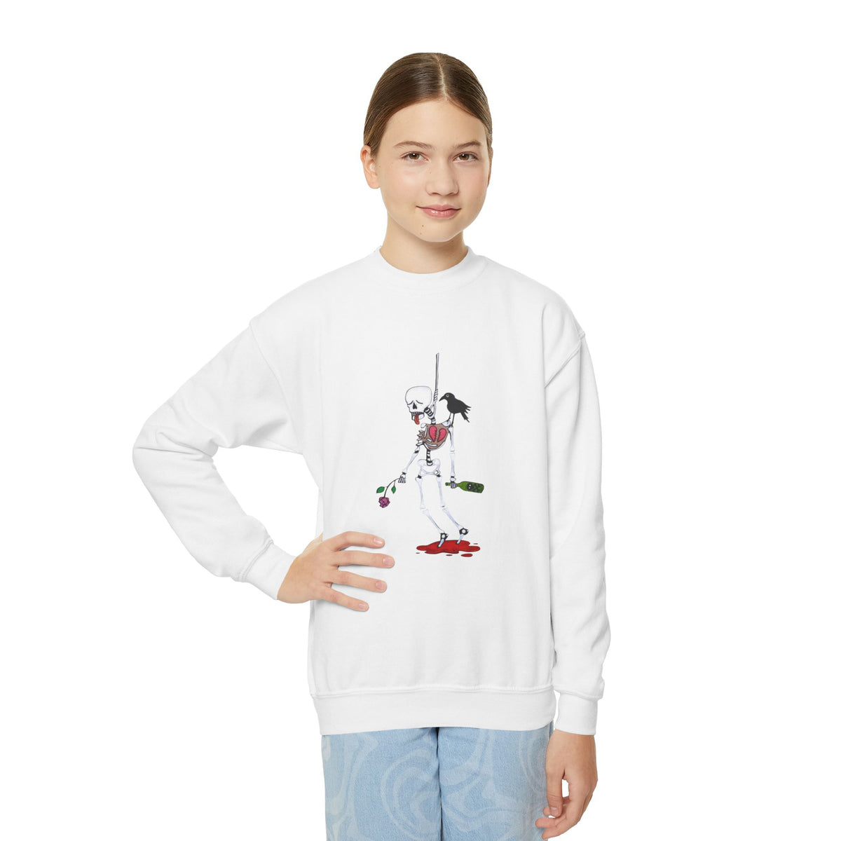 Youth Crewneck Sweatshirt - Gothic Rose Skeleton Graphic