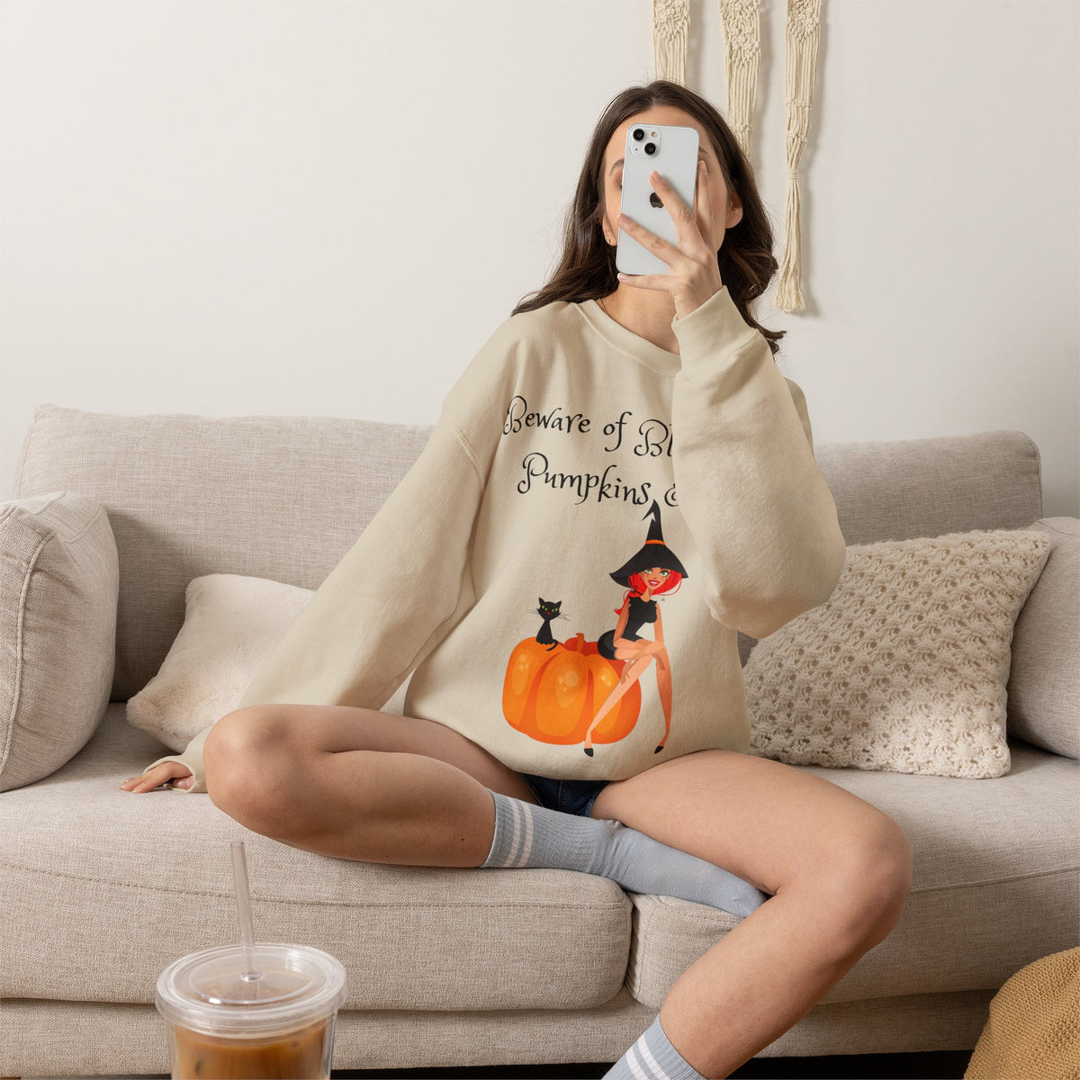 Witch & Pumpkin Sweatshirt - "Beware of Black Cats, Pumpkins & Me!" Halloween CrewneckSweatshirts