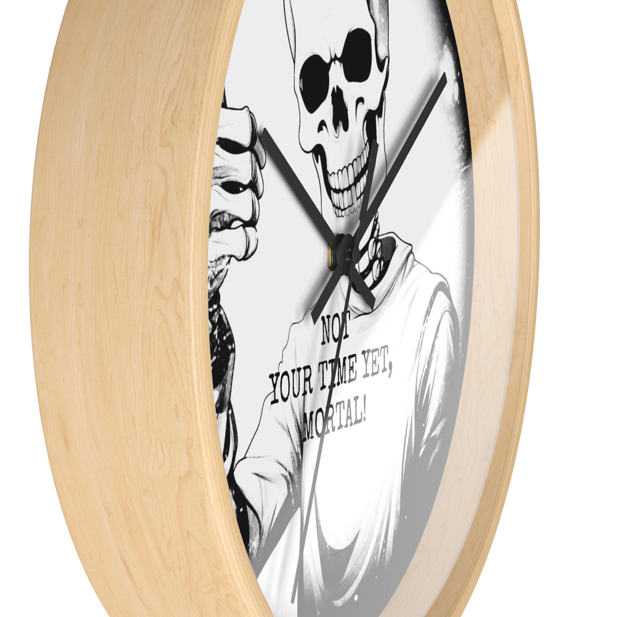 Halloween Gothic Skeleton Wall Clock – "Not Your Time Yet, Mortal"