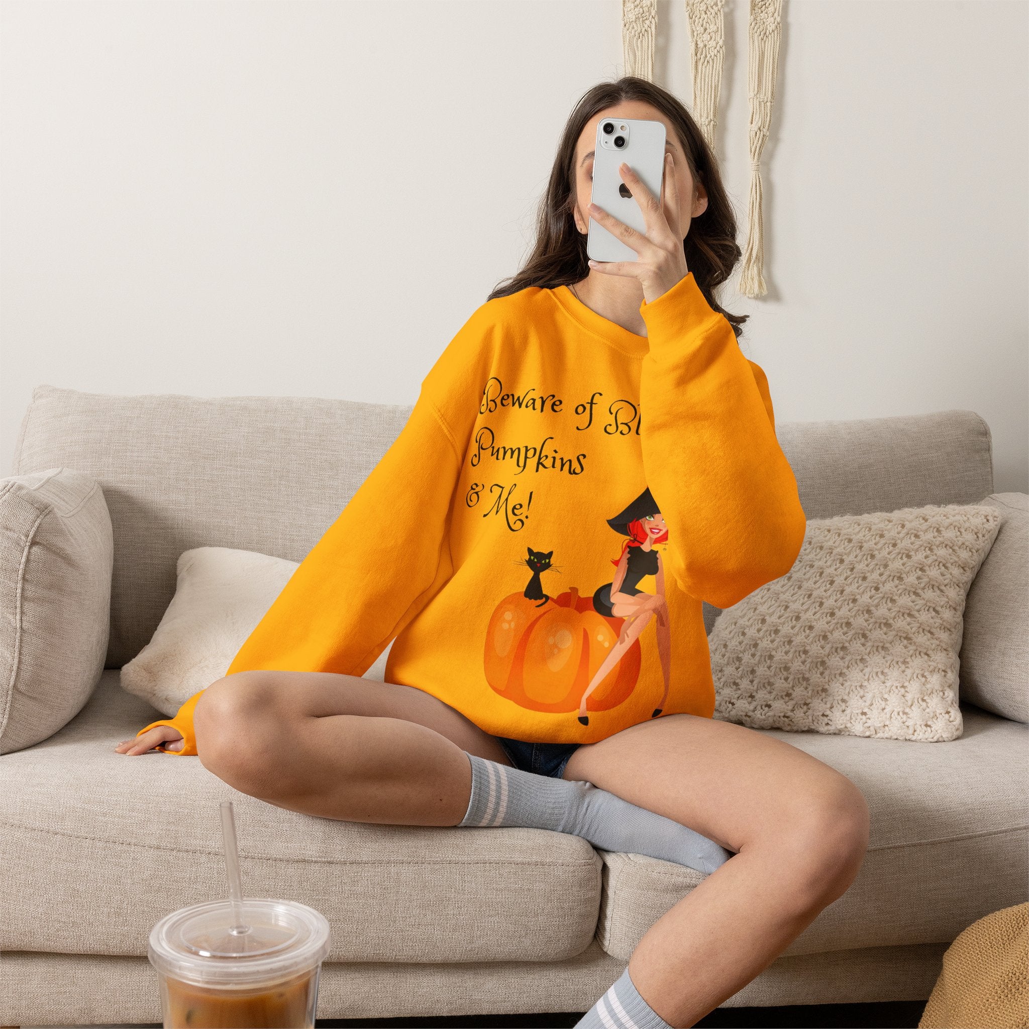 Witch & Pumpkin Sweatshirt - "Beware of Black Cats, Pumpkins & Me!" Halloween CrewneckSweatshirts