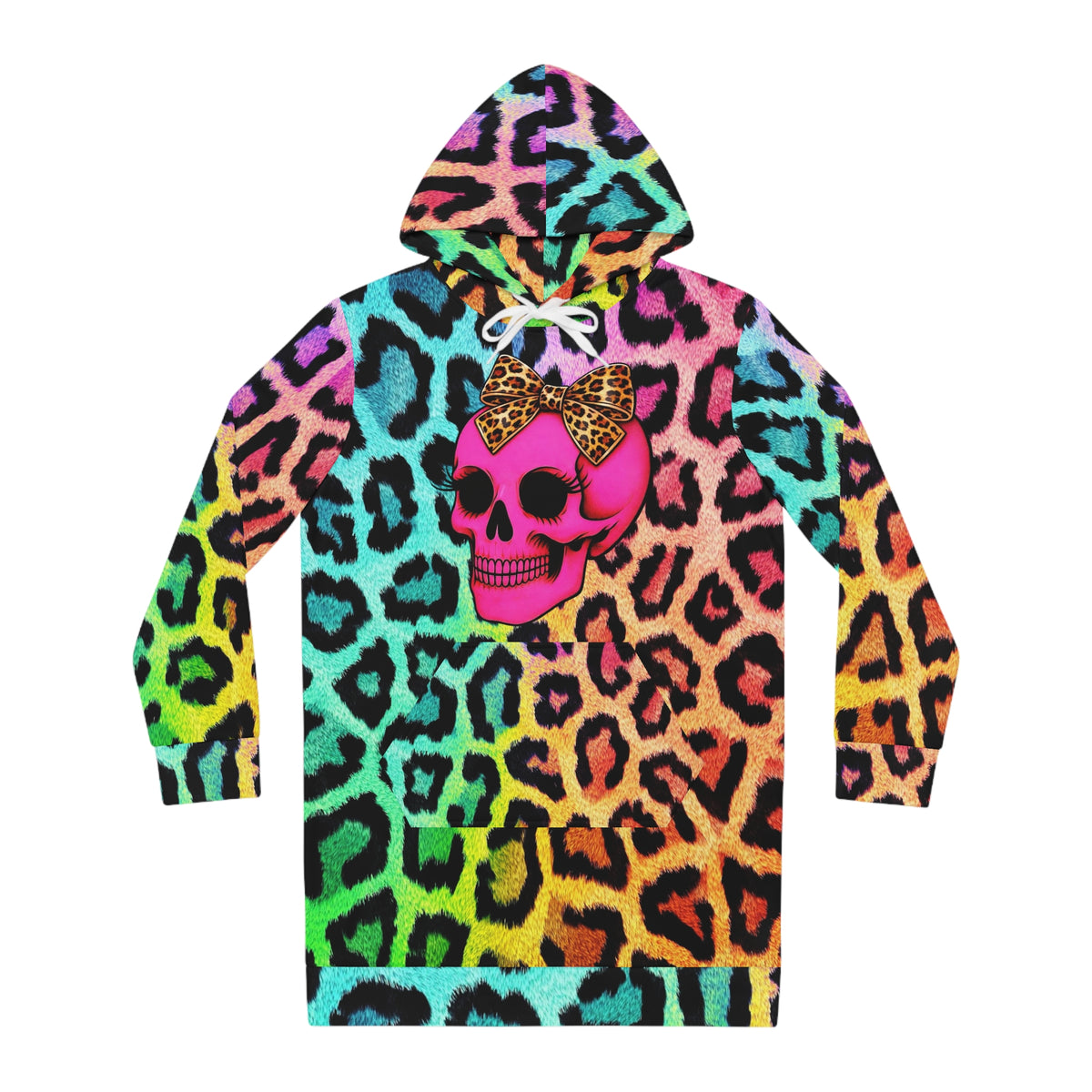 Neon Leopard Skull Hoodie Dress – Rainbow Animal Print Skull with Bow