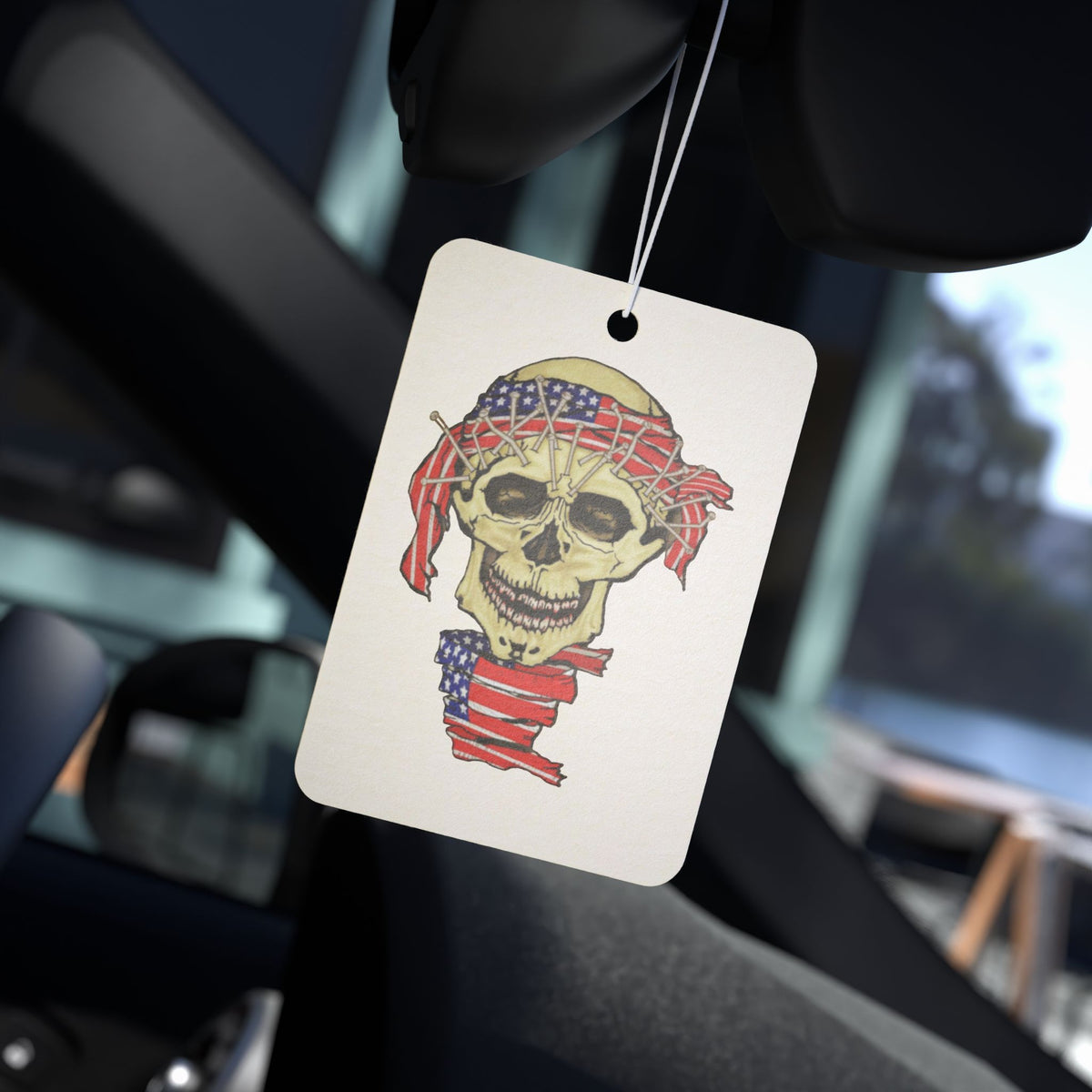 Spooky Patriotic Skull Car Air Freshener — American Flag Bandana HalloweenDesign