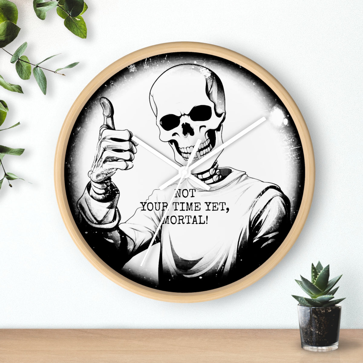 Halloween Gothic Skeleton Wall Clock – "Not Your Time Yet, Mortal"