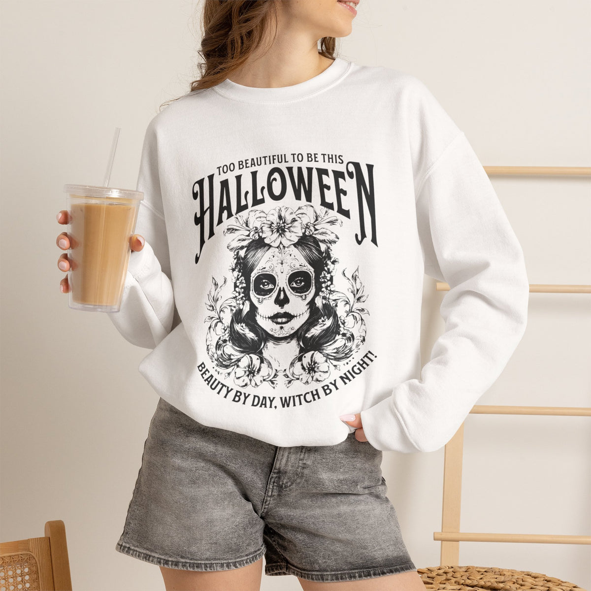 Halloween Crewneck Sweatshirt, "Too Beautiful To Be This Halloween" Day/Night Witch Graphic