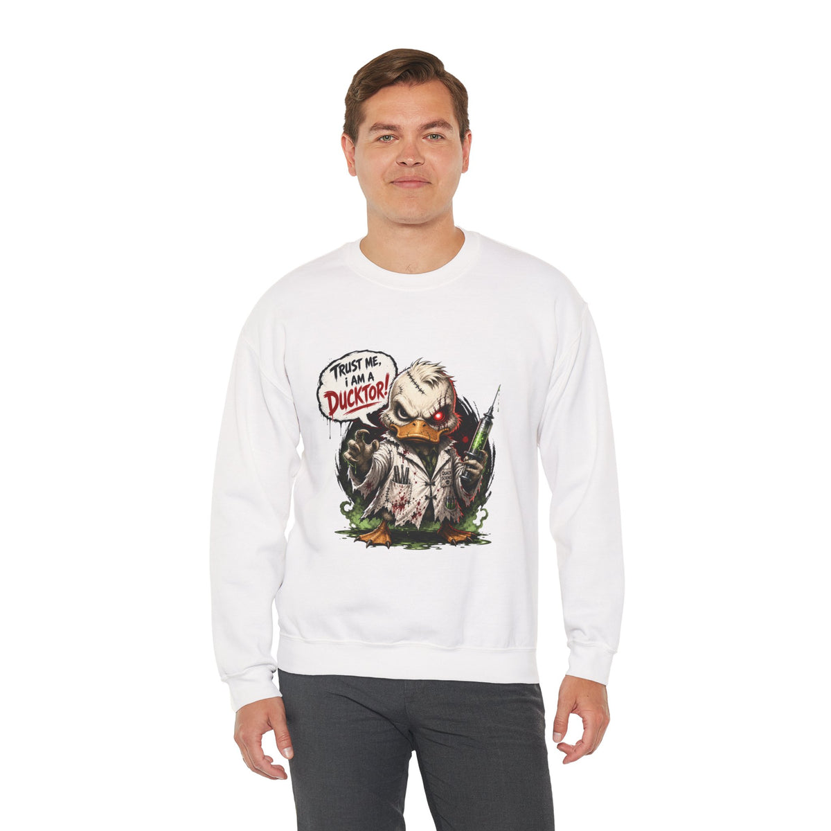 Ducktor Horror Crewneck Sweatshirt — "Trust Me, I Am A Ducktor" Graphic
