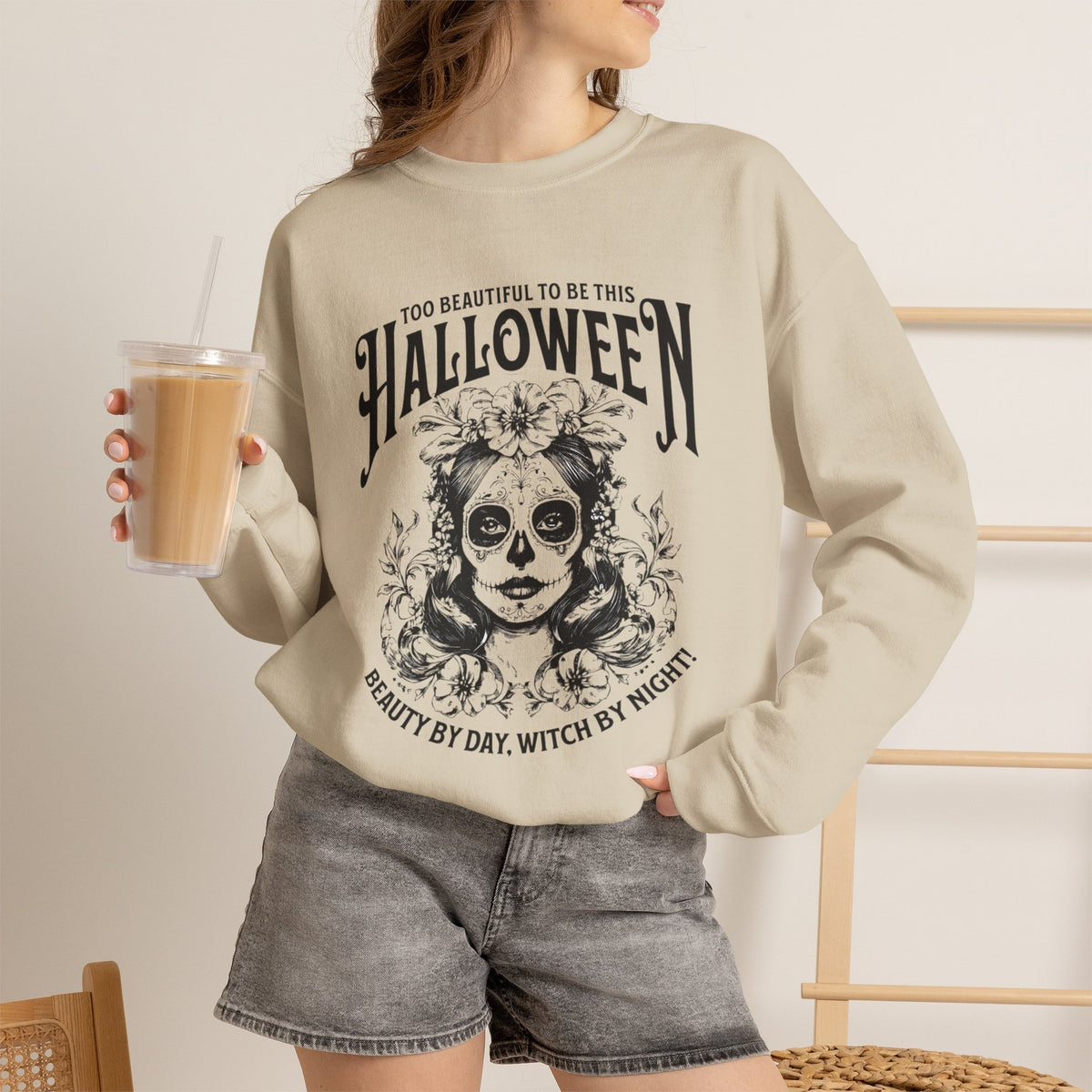Halloween Crewneck Sweatshirt, "Too Beautiful To Be This Halloween" Day/Night Witch Graphic