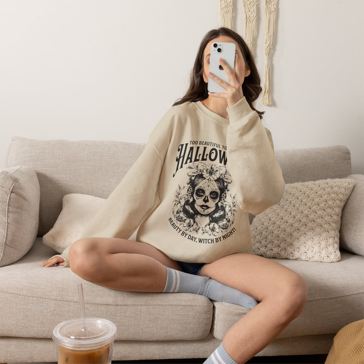 Halloween Crewneck Sweatshirt, "Too Beautiful To Be This Halloween" Day/Night Witch Graphic