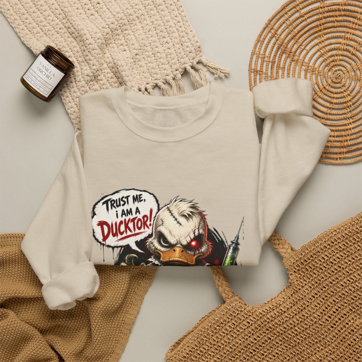 Ducktor Horror Crewneck Sweatshirt — "Trust Me, I Am A Ducktor" Graphic