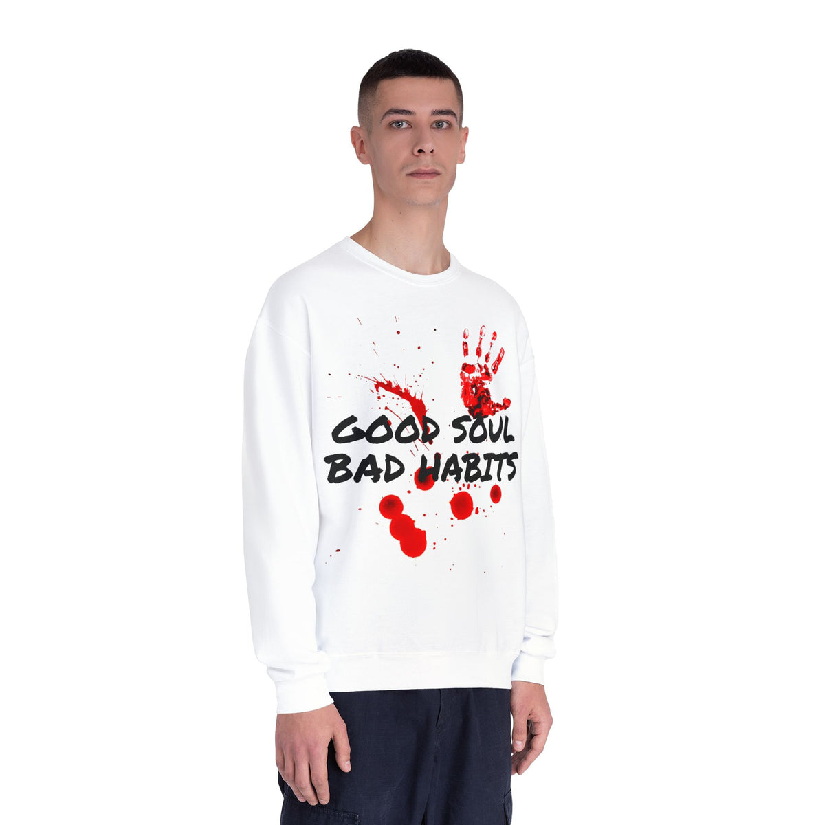 Crewneck Sweatshirt — "Good Soul, Bad Habits" Blood-Print Graphic
