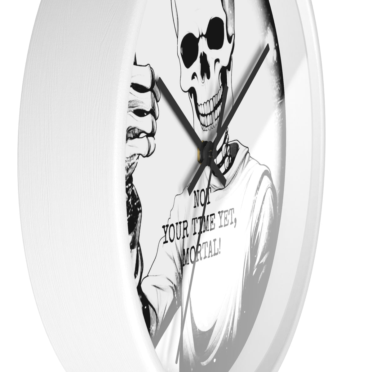 Halloween Gothic Skeleton Wall Clock – "Not Your Time Yet, Mortal"