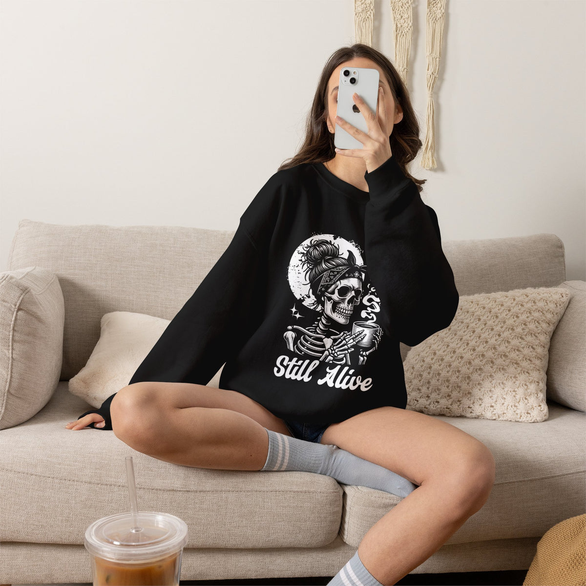 Still Alive Skeleton Crewneck Sweatshirt - Gothic Skull Coffee Pullover