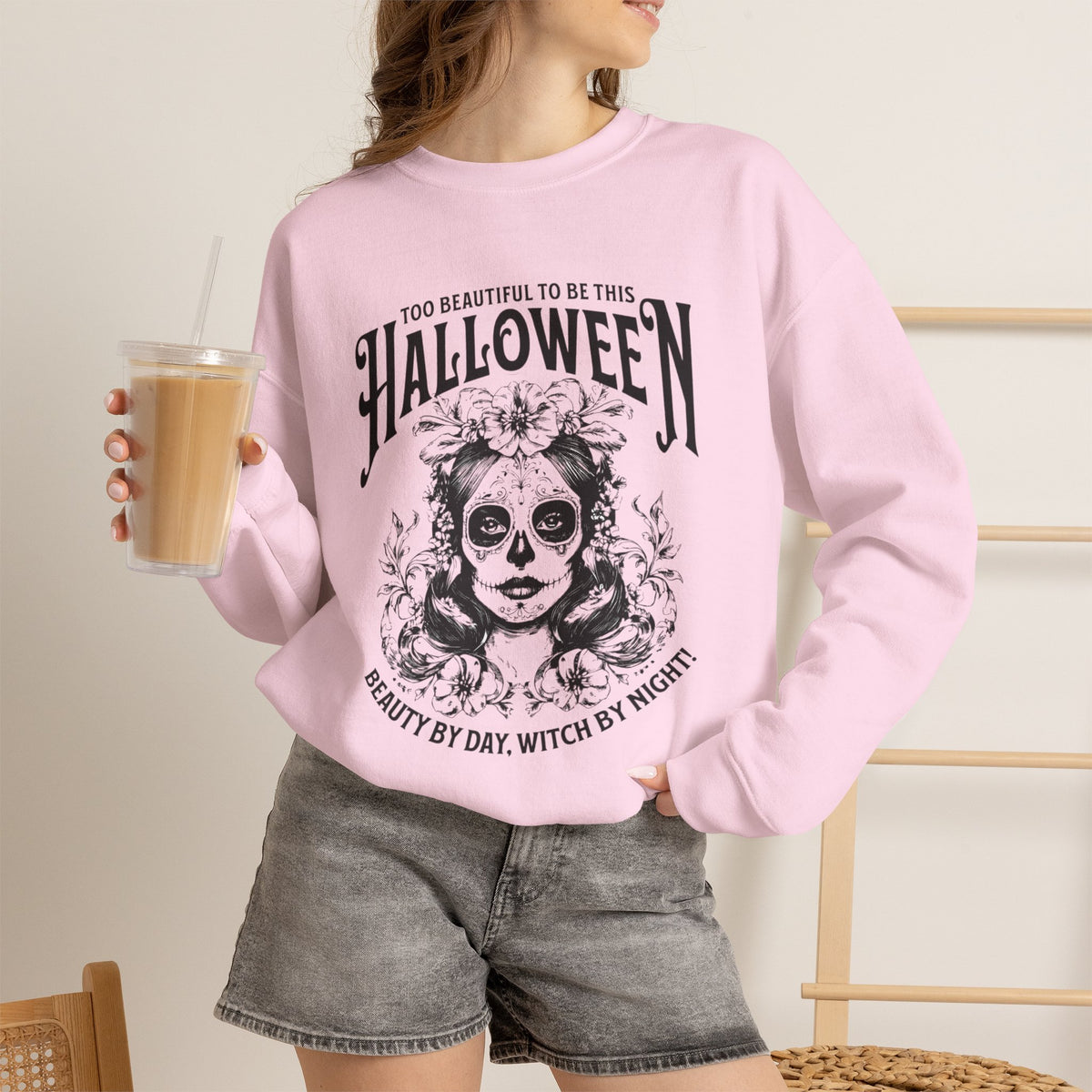 Halloween Crewneck Sweatshirt, "Too Beautiful To Be This Halloween" Day/Night Witch Graphic