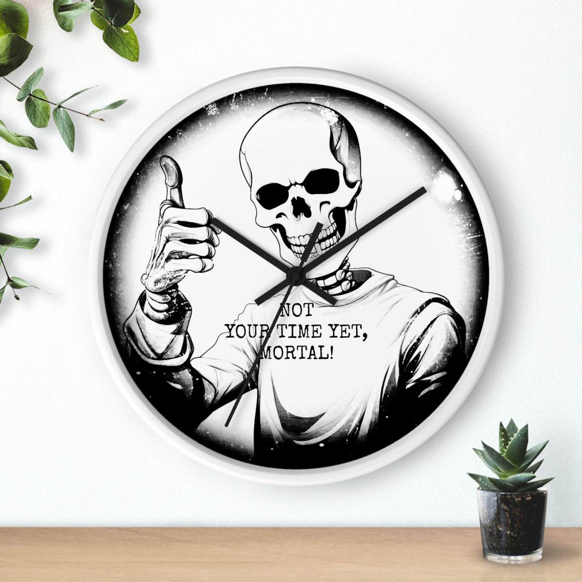 Halloween Gothic Skeleton Wall Clock – "Not Your Time Yet, Mortal"