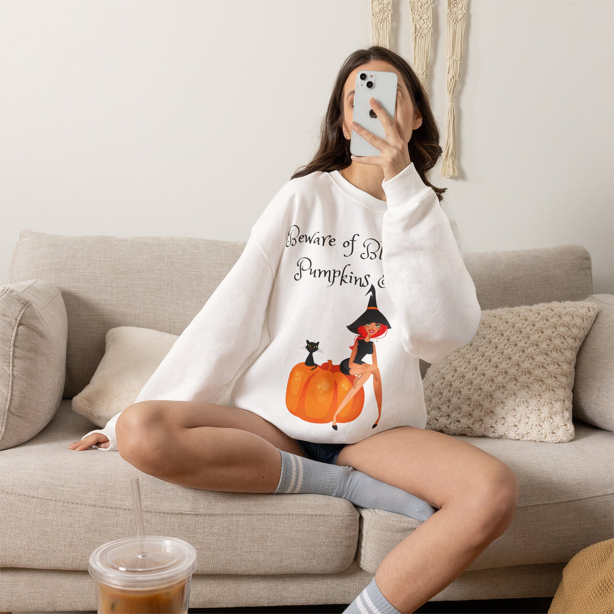 Witch & Pumpkin Sweatshirt - "Beware of Black Cats, Pumpkins & Me!" Halloween CrewneckSweatshirts
