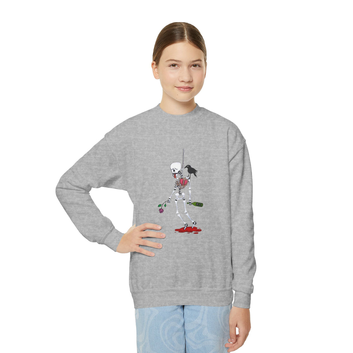 Youth Crewneck Sweatshirt - Gothic Rose Skeleton Graphic