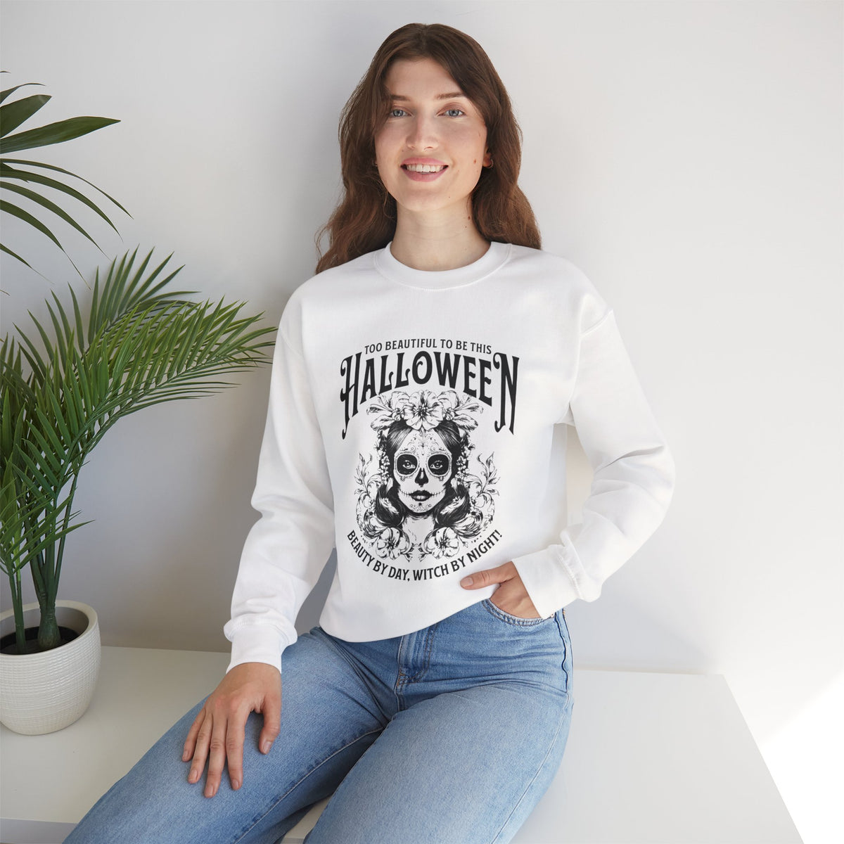 Halloween Crewneck Sweatshirt, "Too Beautiful To Be This Halloween" Day/Night Witch Graphic