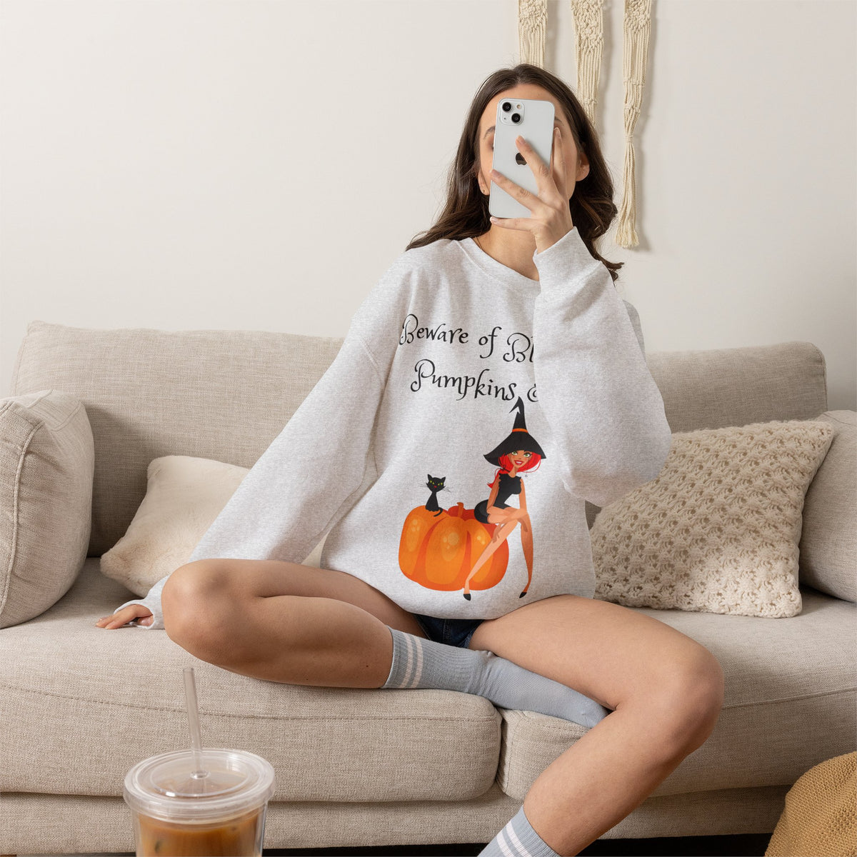 Witch & Pumpkin Sweatshirt - "Beware of Black Cats, Pumpkins & Me!" Halloween CrewneckSweatshirts
