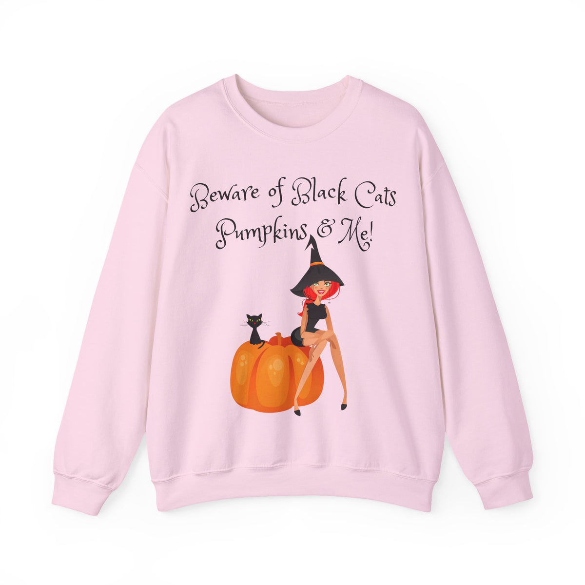 Witch & Pumpkin Sweatshirt - "Beware of Black Cats, Pumpkins & Me!" Halloween CrewneckSweatshirts