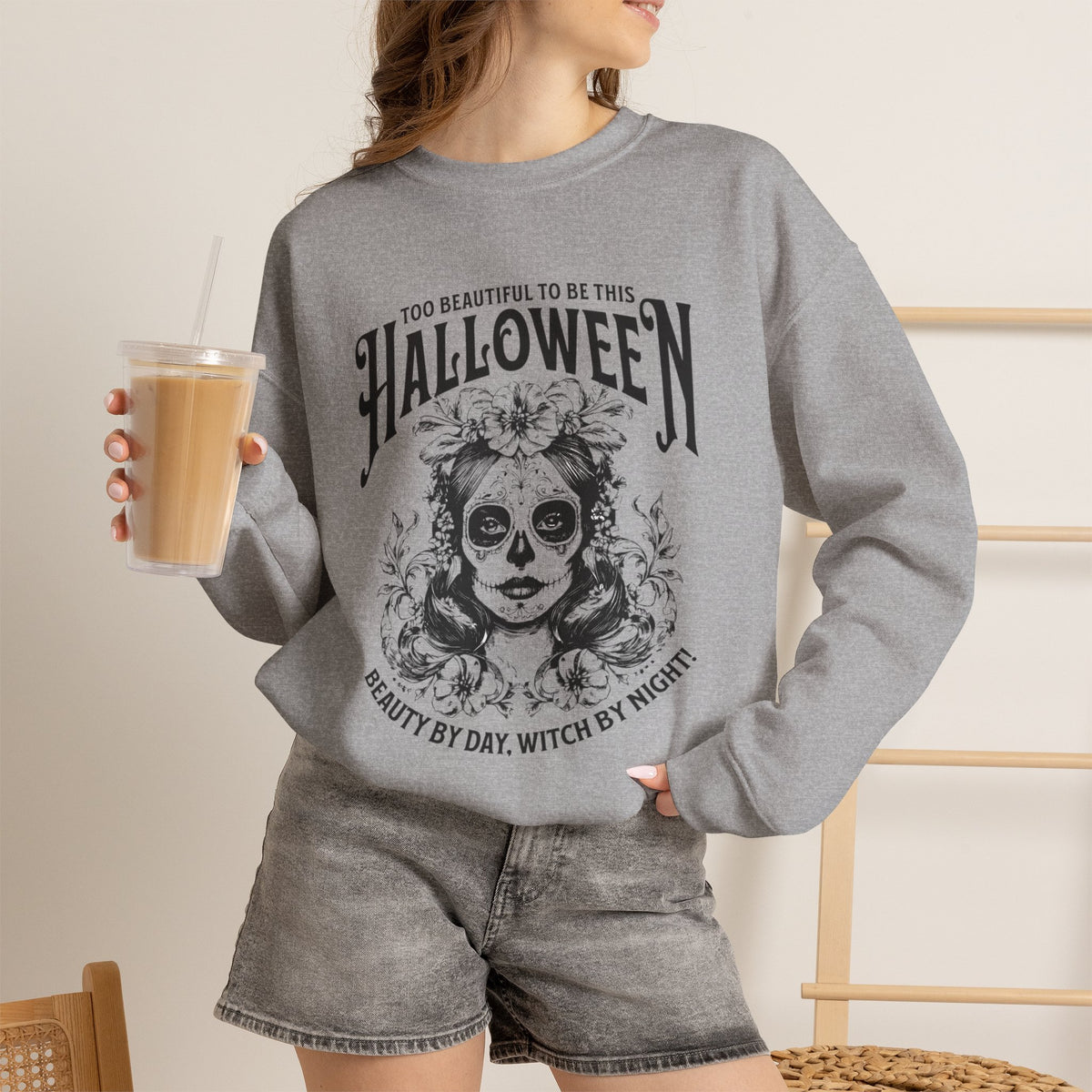 Halloween Crewneck Sweatshirt, "Too Beautiful To Be This Halloween" Day/Night Witch Graphic