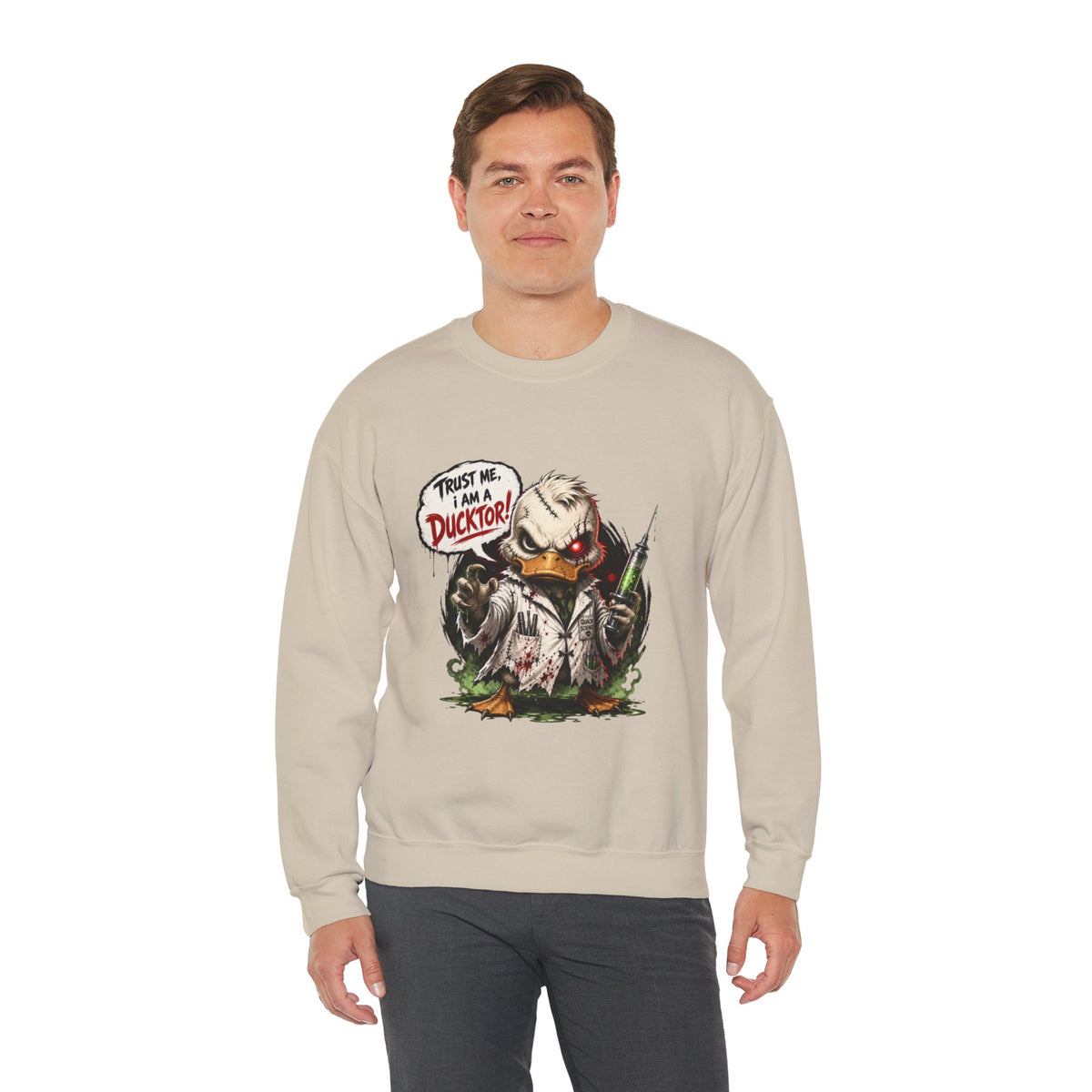 Ducktor Horror Crewneck Sweatshirt — "Trust Me, I Am A Ducktor" Graphic
